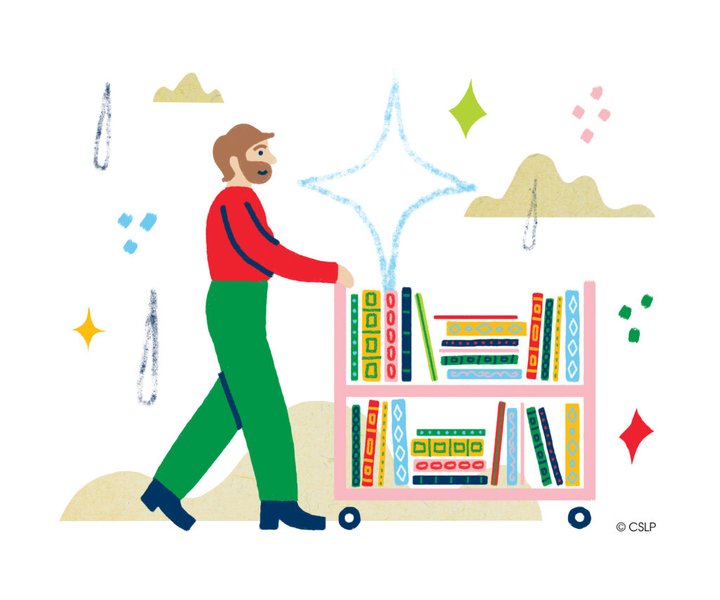 Cartoon man pushing a book cart full of books. Part of the CSLP clip art.