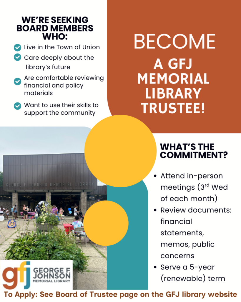 A flyer stating that the library is looking for trustees.
