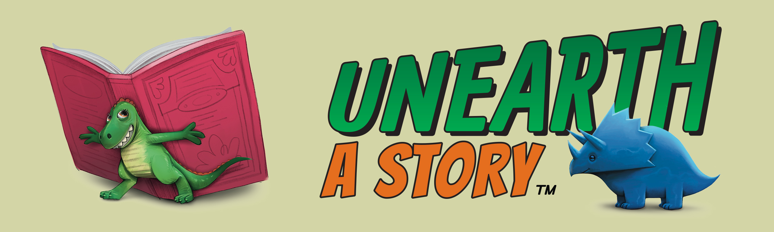 Web banner: Unearth A Story slogan with an illustrated image of a T-Rex holding a book open on its shoulders on the left and the blue triceratops Digby under the logo to the right