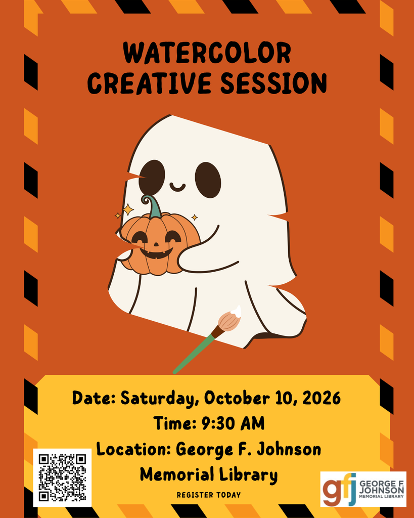 Flyer for a “Watercolor Creative Session” at the George F. Johnson Memorial Library. The Halloween-themed design features a cute white ghost holding an orange pumpkin and a paintbrush. The event is Saturday, October 10, 2026, at 9:30 AM at the George F. Johnson Memorial Library. A QR code is provided for registration, along with the text “Register Today.” The flyer uses orange, yellow, black, and cream colors with decorative striped accents and the library logo in the lower-right corner.